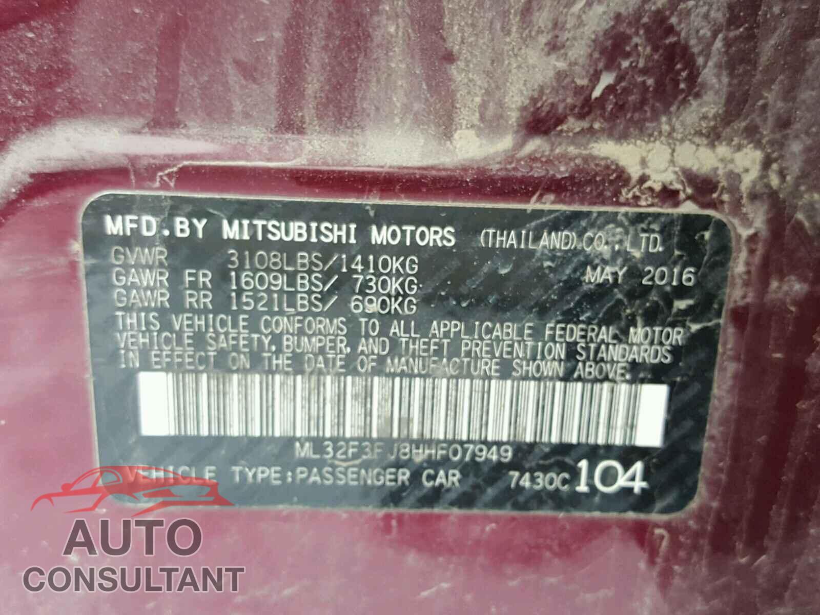 MITSUBISHI MIRAGE 2017 - ML32F3FJ8HHF07949