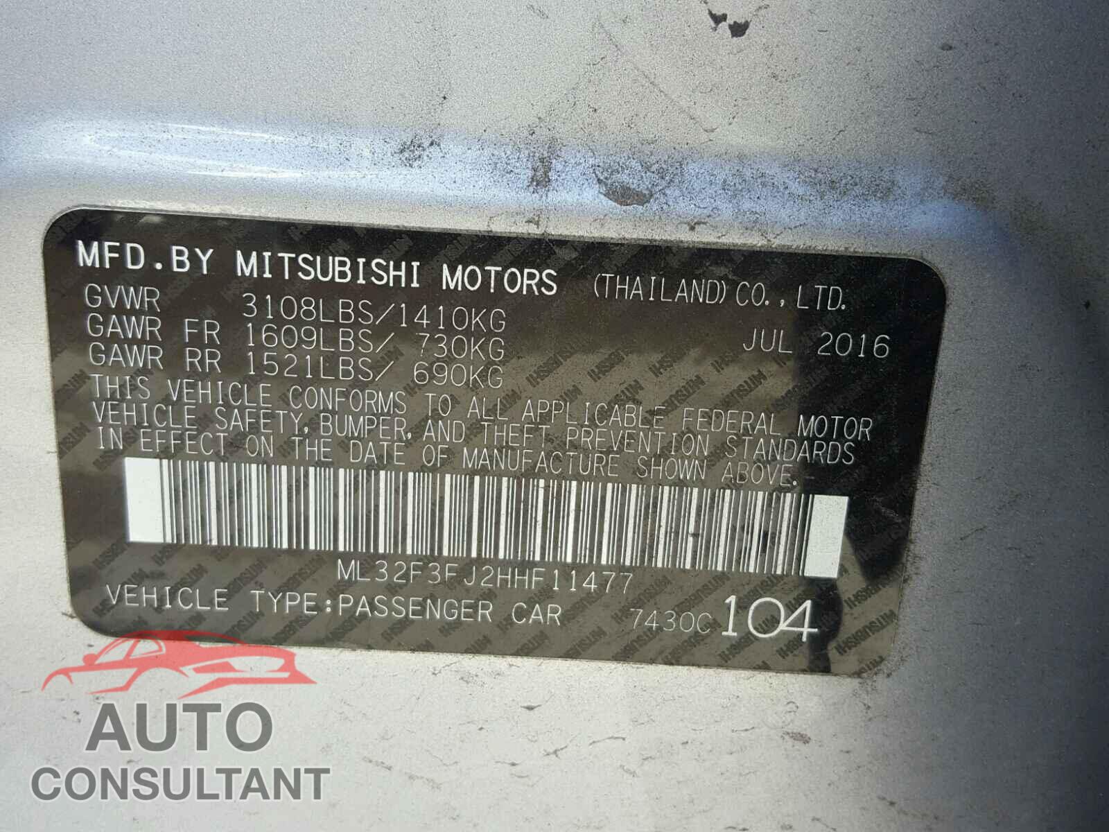MITSUBISHI MIRAGE 2017 - ML32F3FJ2HHF11477