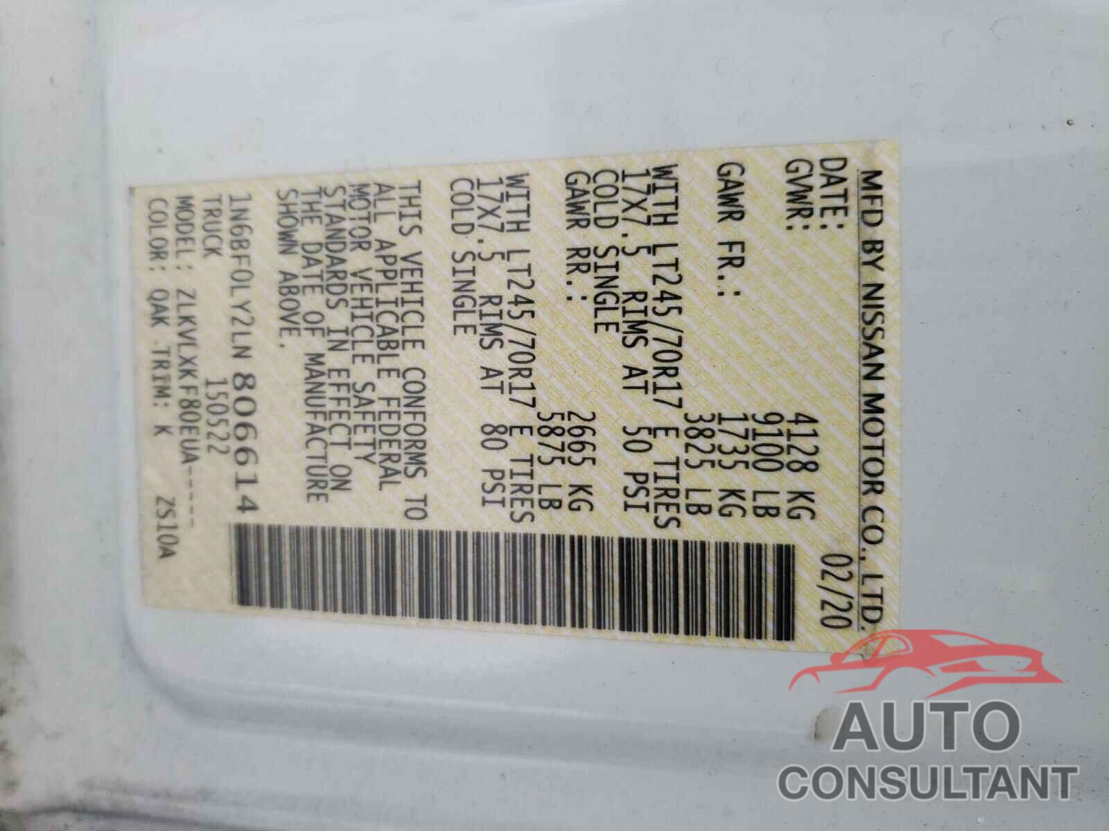 NISSAN NV 2020 - 1N6BF0LY2LN806614