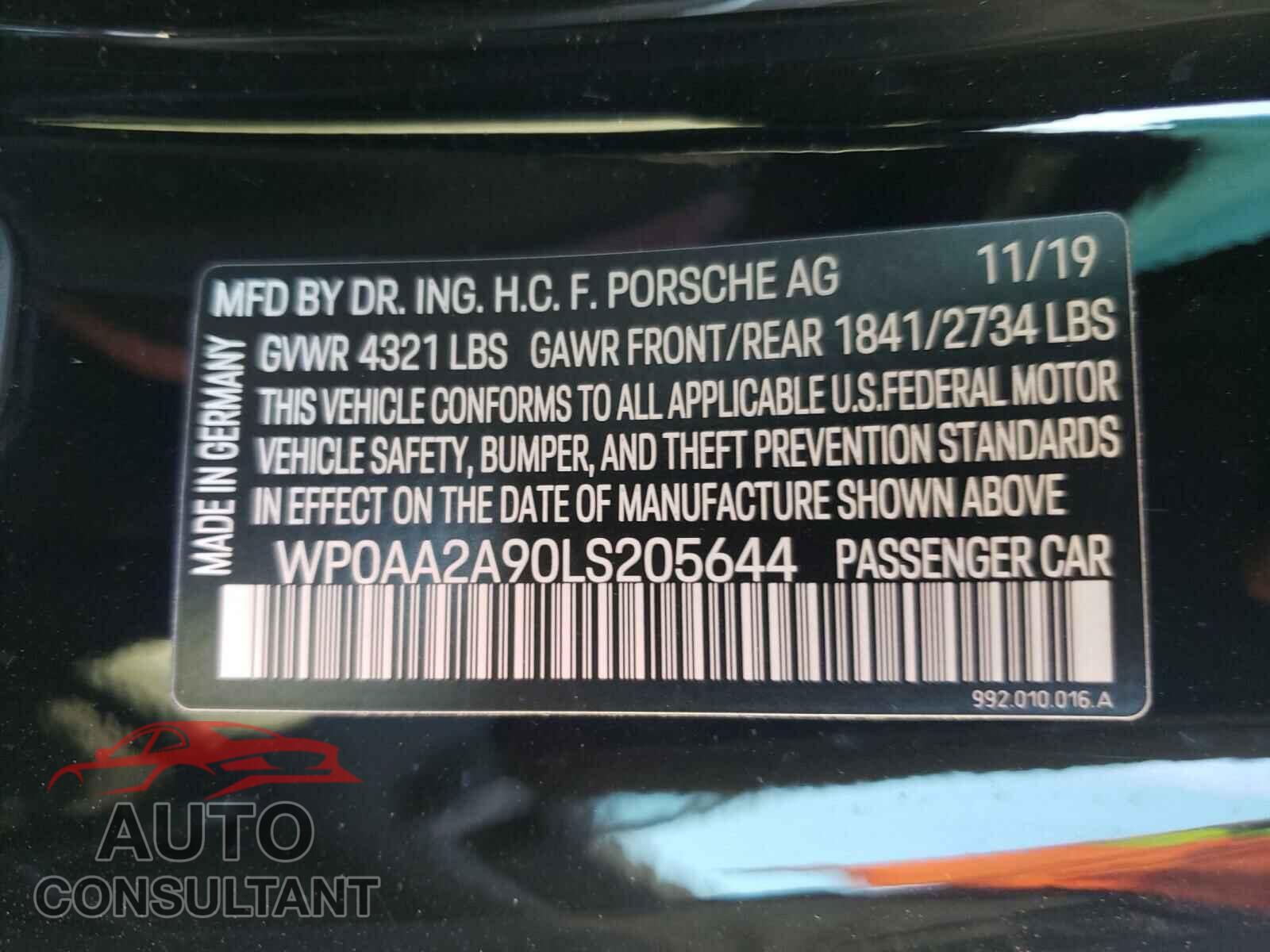 PORSCHE 911 2020 - WP0AA2A90LS205644