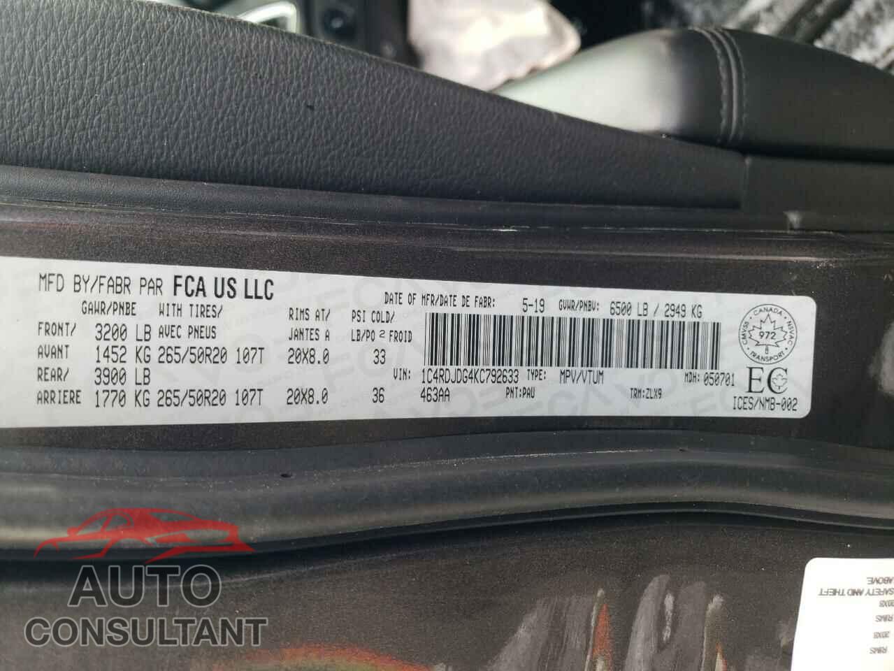 DODGE DURANGO 2019 - 1C4RDJDG4KC792633