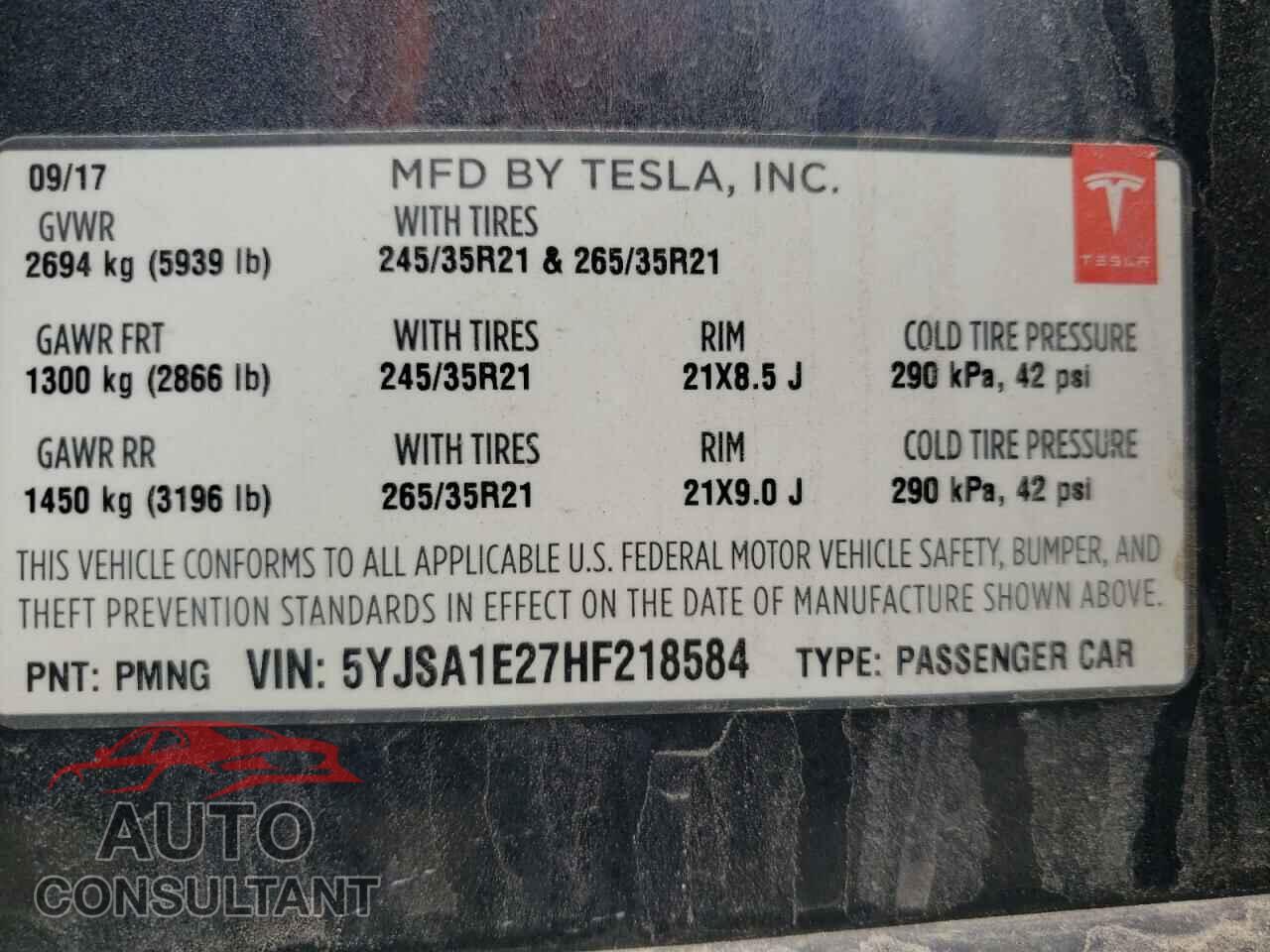 TESLA MODEL S 2017 - 5YJSA1E27HF218584