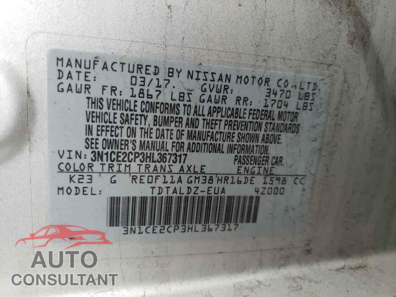 NISSAN VERSA 2017 - 3N1CE2CP3HL367317
