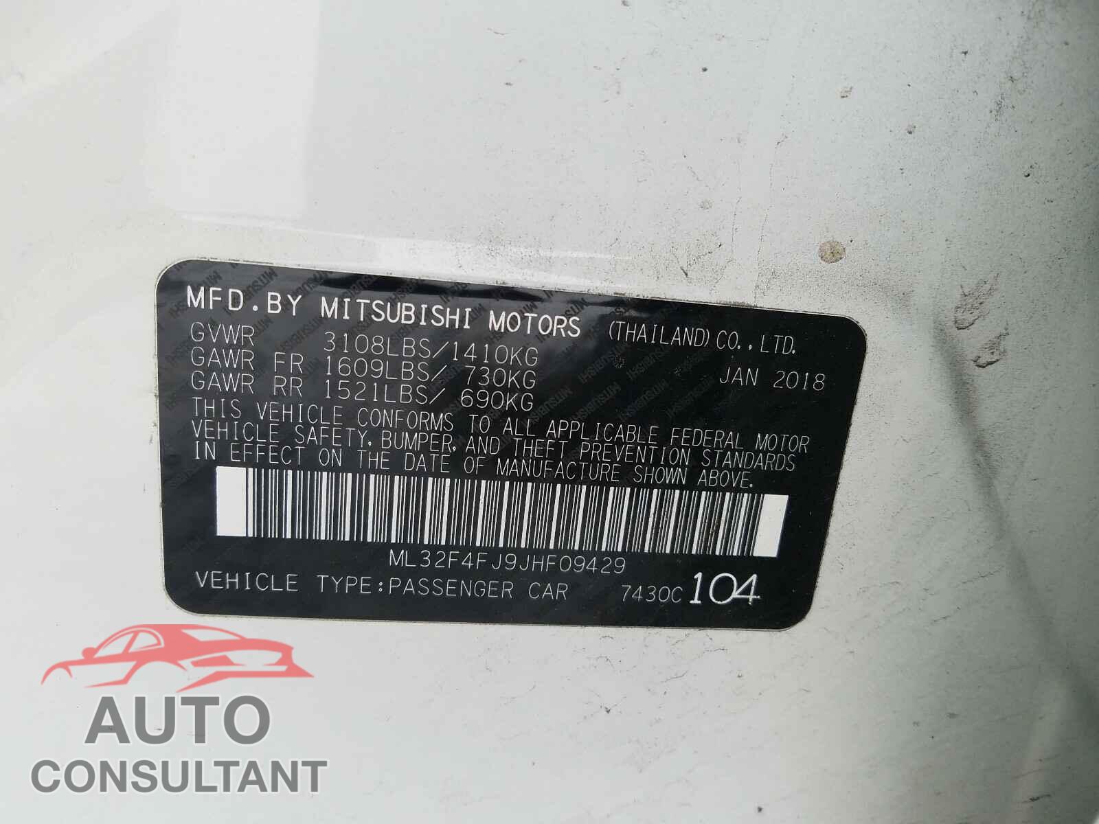 MITSUBISHI MIRAGE 2018 - ML32F4FJ9JHF09429