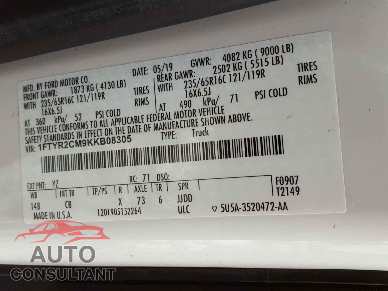 FORD TRANSIT CO 2019 - 1FTYR2CM9KKB08305