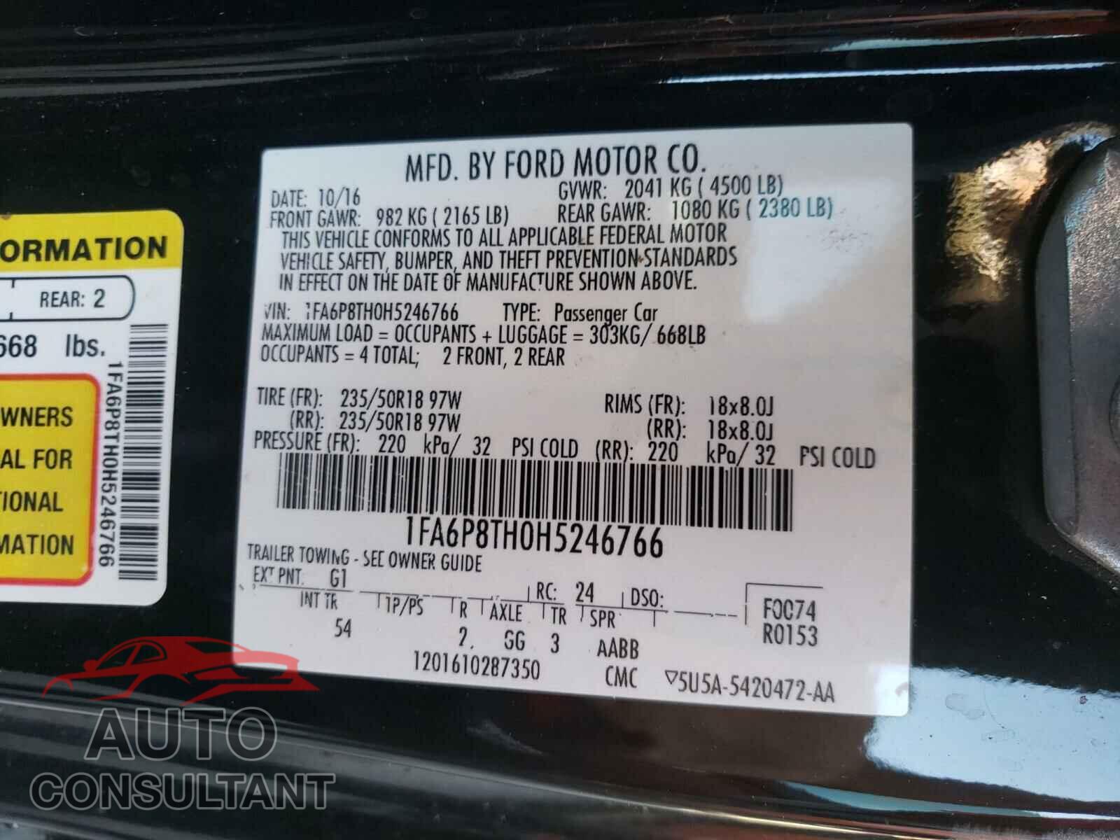 FORD MUSTANG 2017 - 1FA6P8TH0H5246766