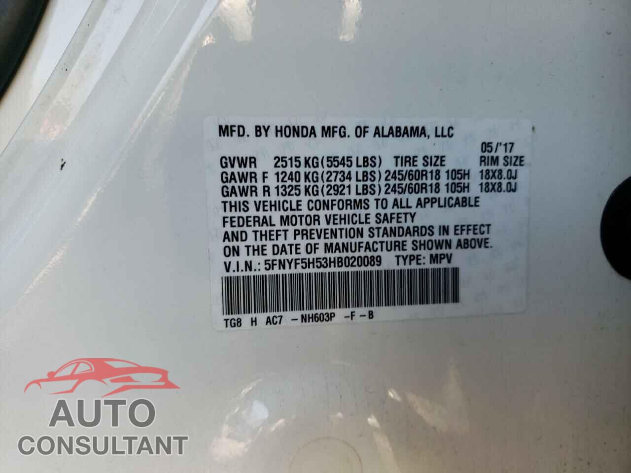 HONDA PILOT 2017 - 5FNYF5H53HB020089