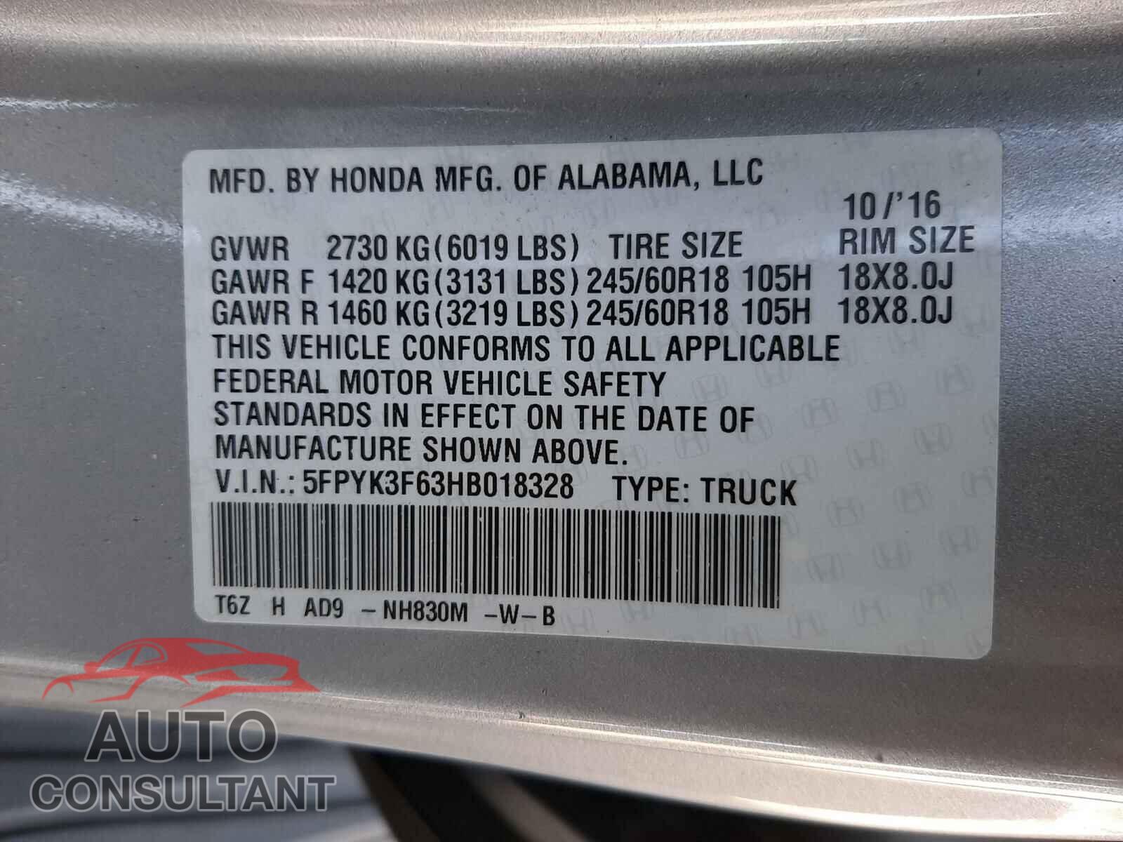 HONDA RIDGELINE 2017 - 5FPYK3F63HB018328