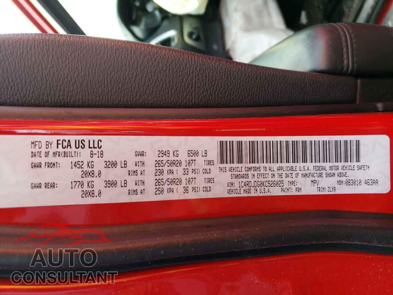 DODGE DURANGO 2019 - 1C4RDJDG0KC526025