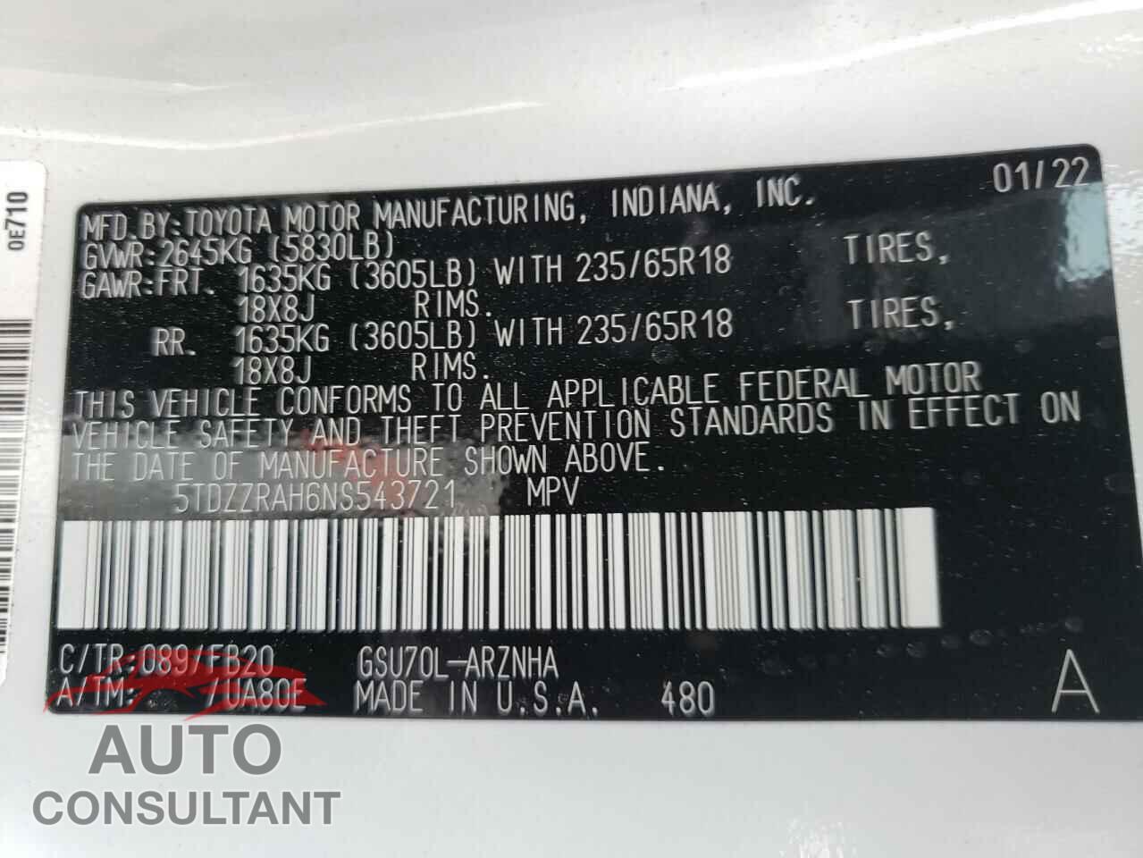 TOYOTA HIGHLANDER 2022 - 5TDZZRAH6NS543721