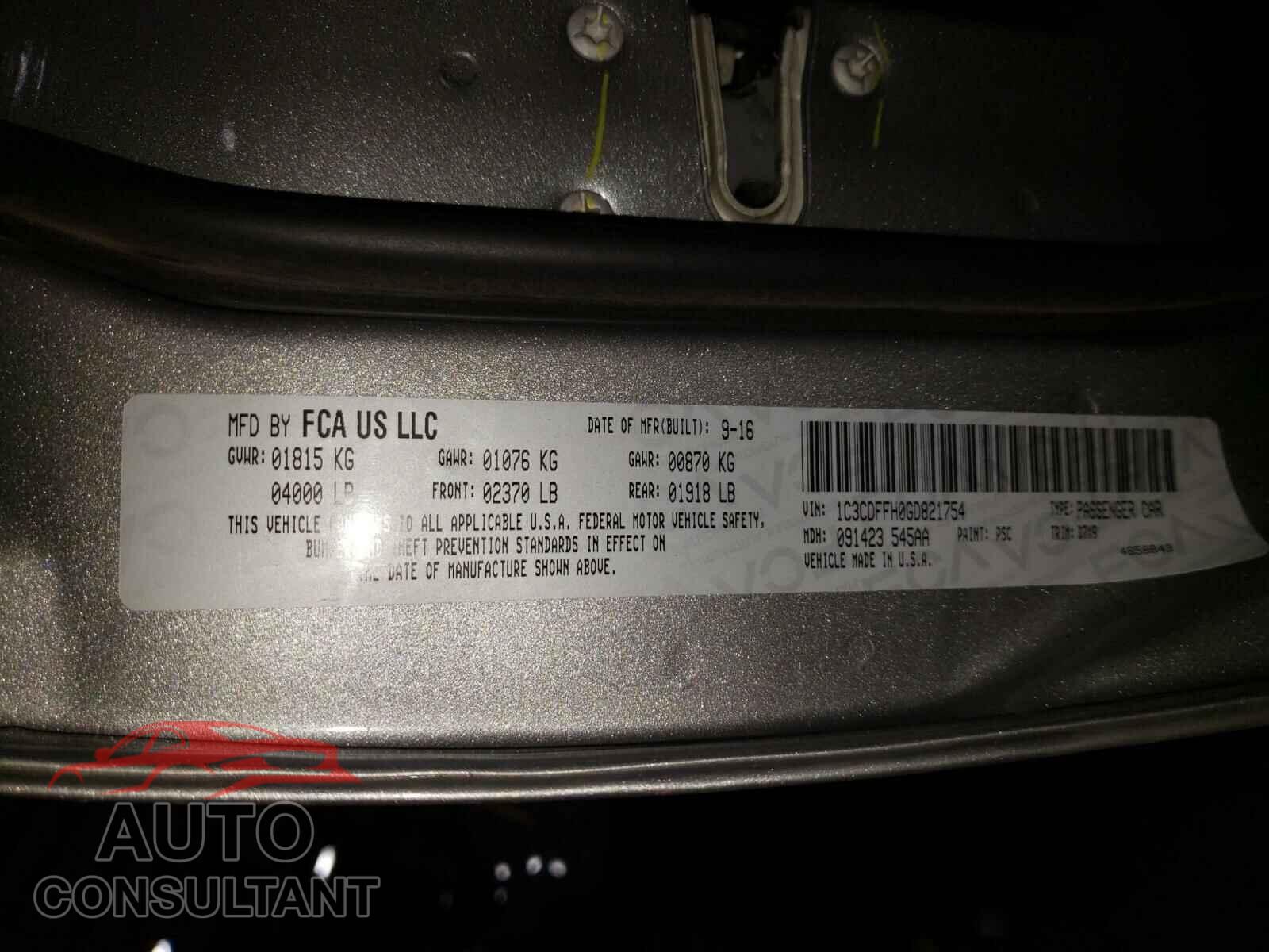 DODGE DART 2016 - 1C3CDFFH0GD821754