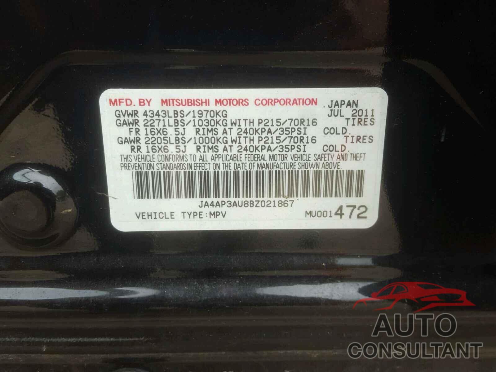 MITSUBISHI OUTLANDER 2011 - JA4AP3AU8BZ021867