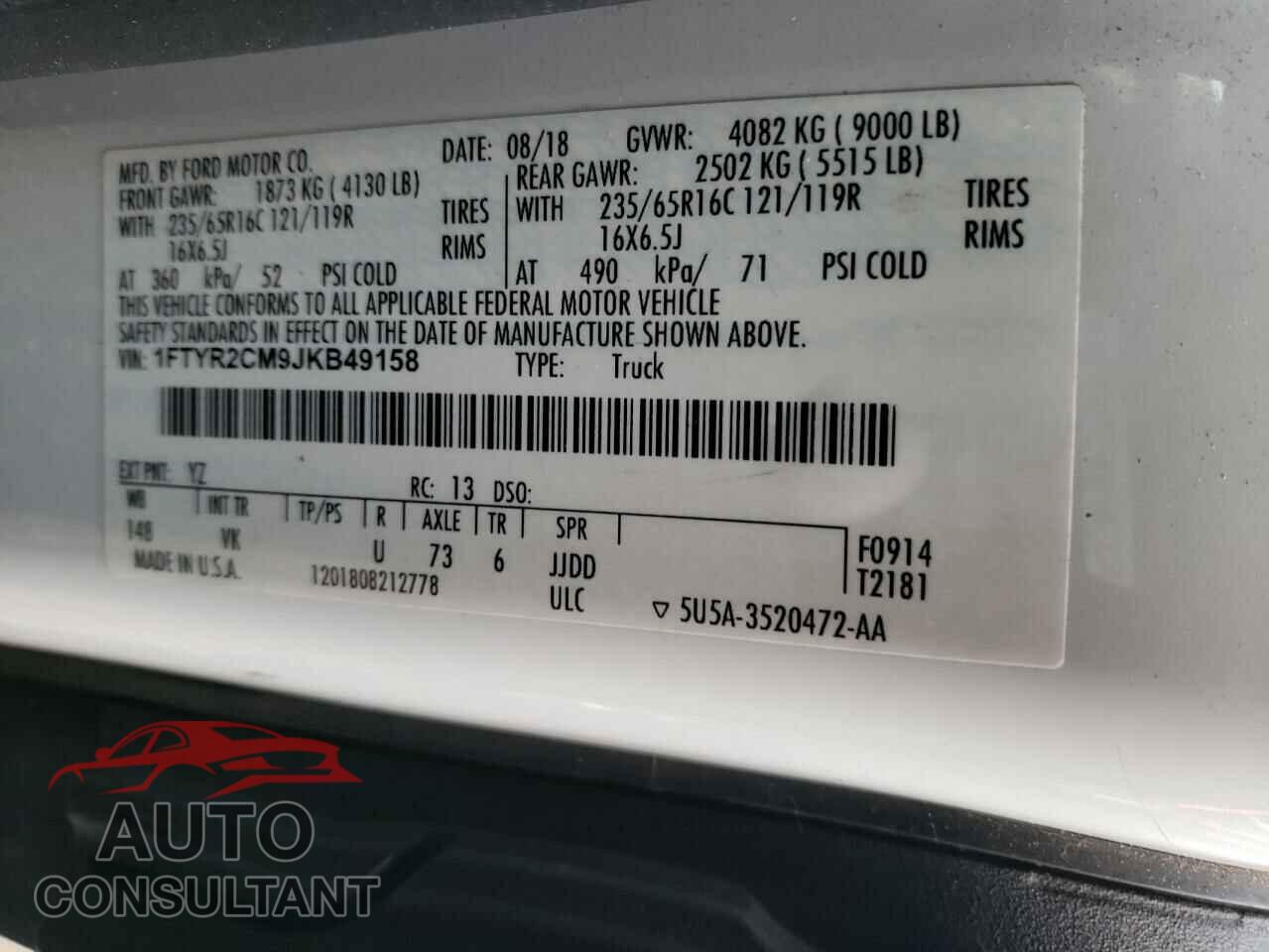 FORD TRANSIT CO 2018 - 1FTYR2CM9JKB49158