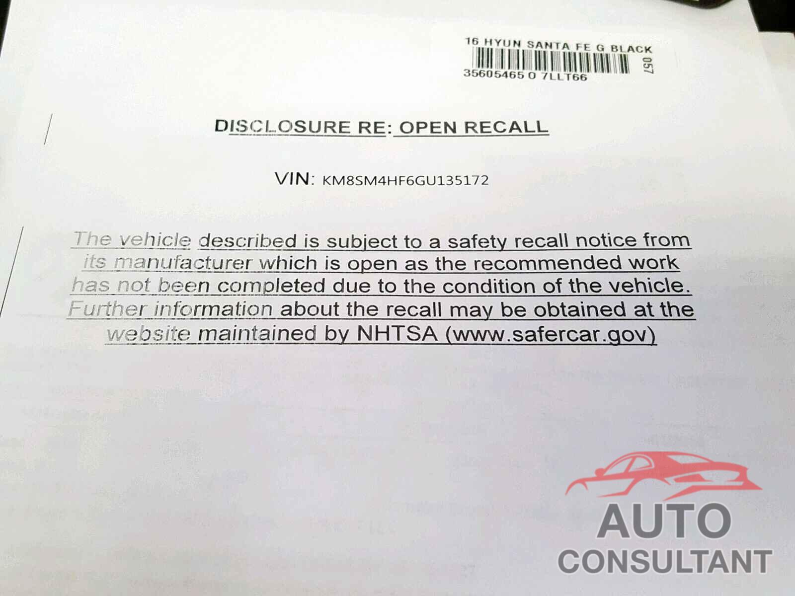 HYUNDAI SANTA FE 2016 - KM8SM4HF6GU135172