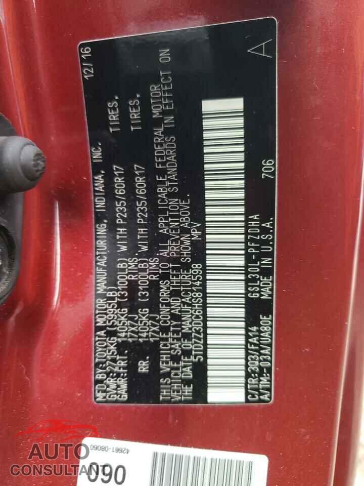 TOYOTA SIENNA 2017 - 5TDZZ3DC6HS814598