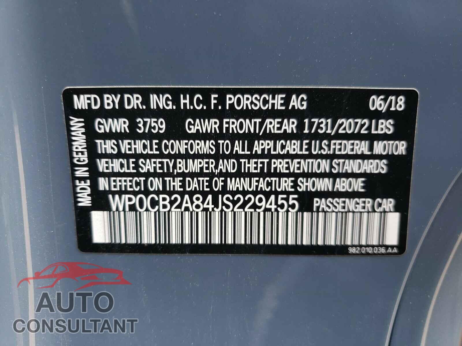 PORSCHE BOXSTER 2018 - WP0CB2A84JS229455