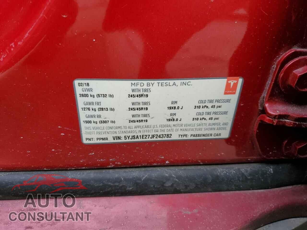 TESLA MODEL S 2018 - 5YJSA1E27JF243782
