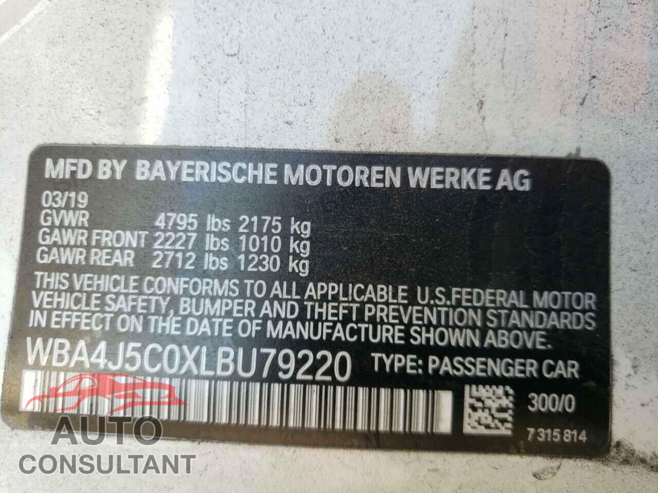 BMW 4 SERIES 2020 - WBA4J5C0XLBU79220