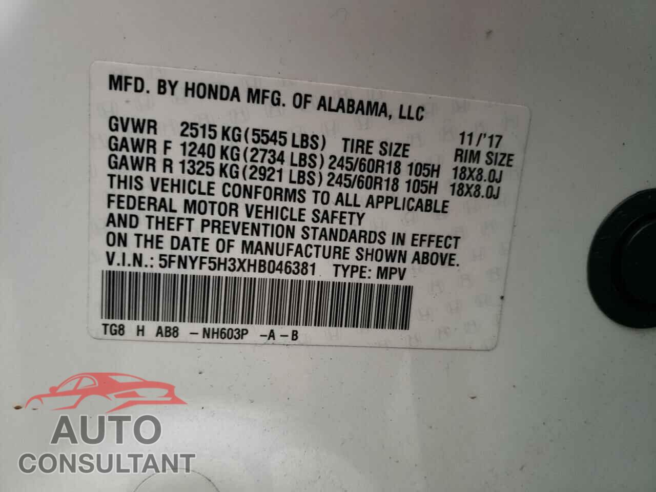 HONDA PILOT 2017 - 5FNYF5H3XHB046381
