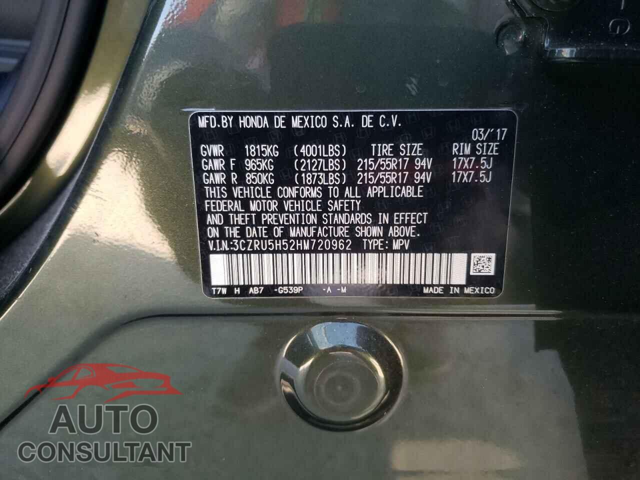 HONDA HR-V 2017 - 3CZRU5H52HM720962