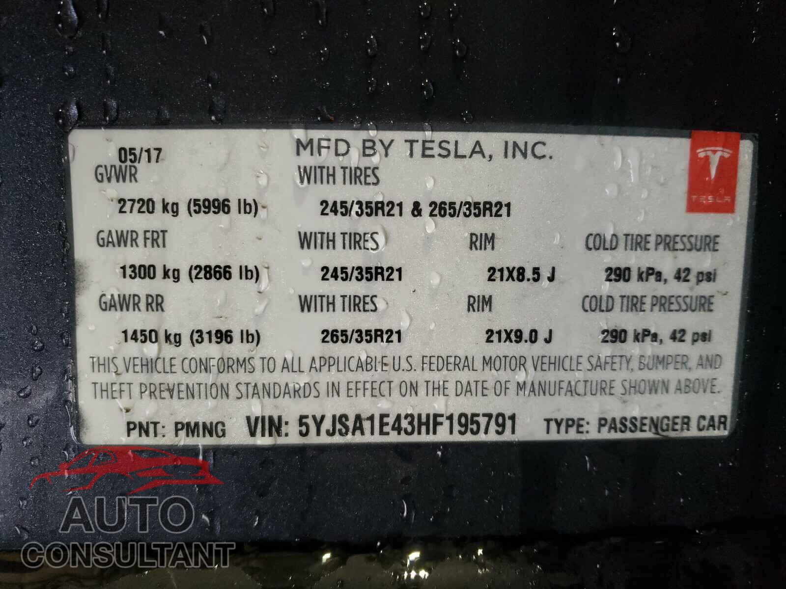 TESLA MODEL S 2017 - 5YJSA1E43HF195791
