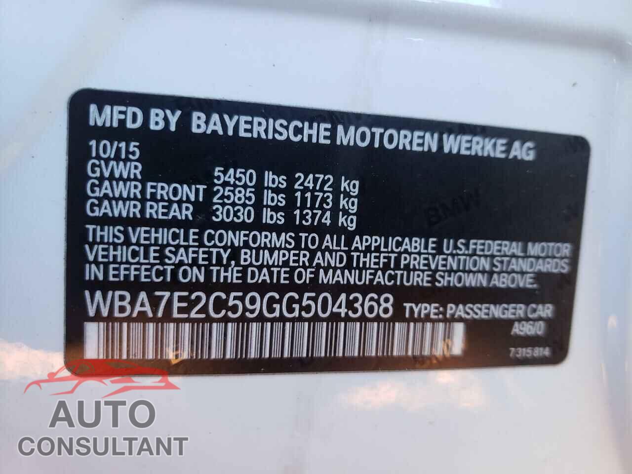 BMW 7 SERIES 2016 - WBA7E2C59GG504368