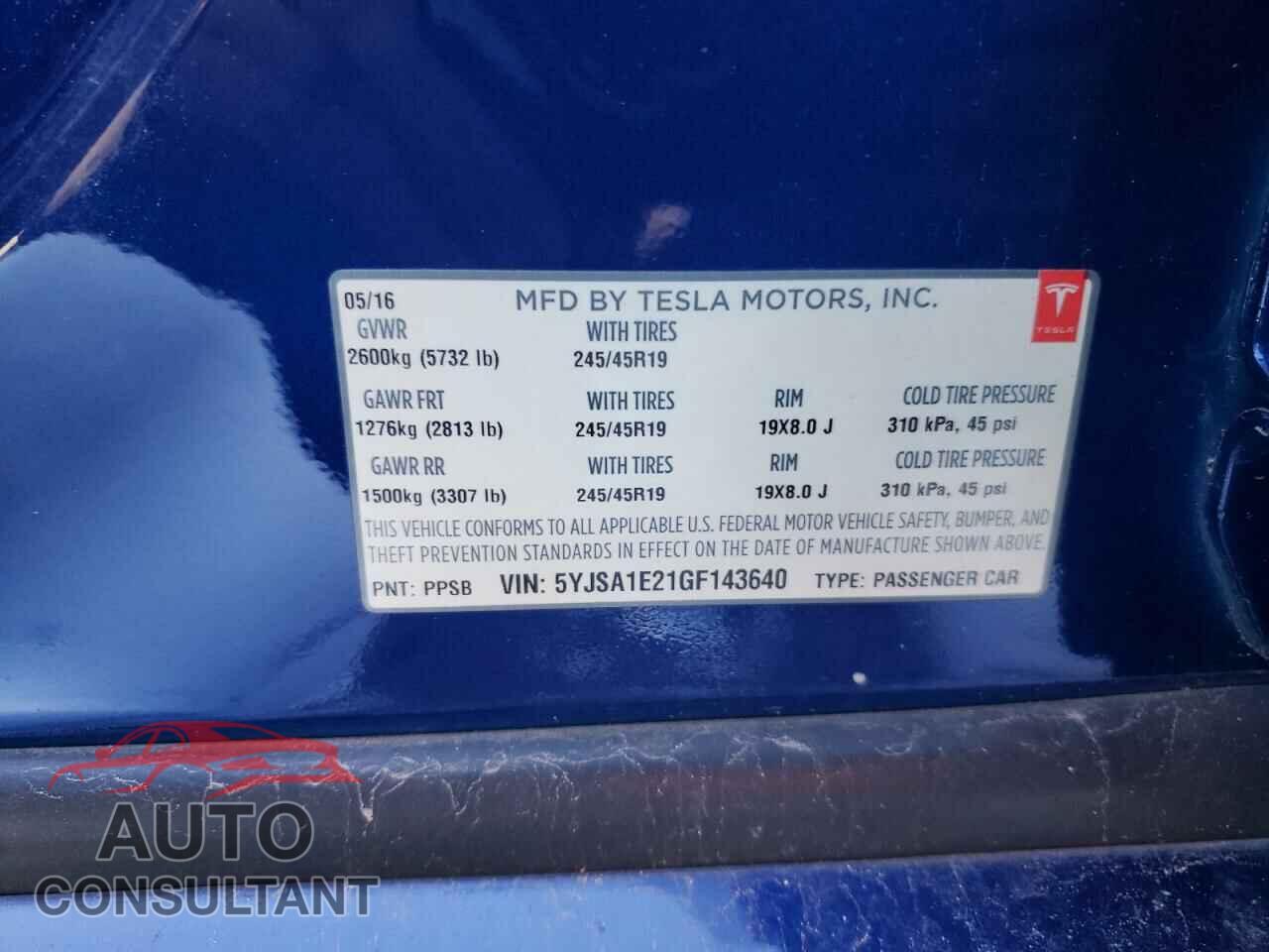 TESLA MODEL S 2016 - 5YJSA1E21GF143640