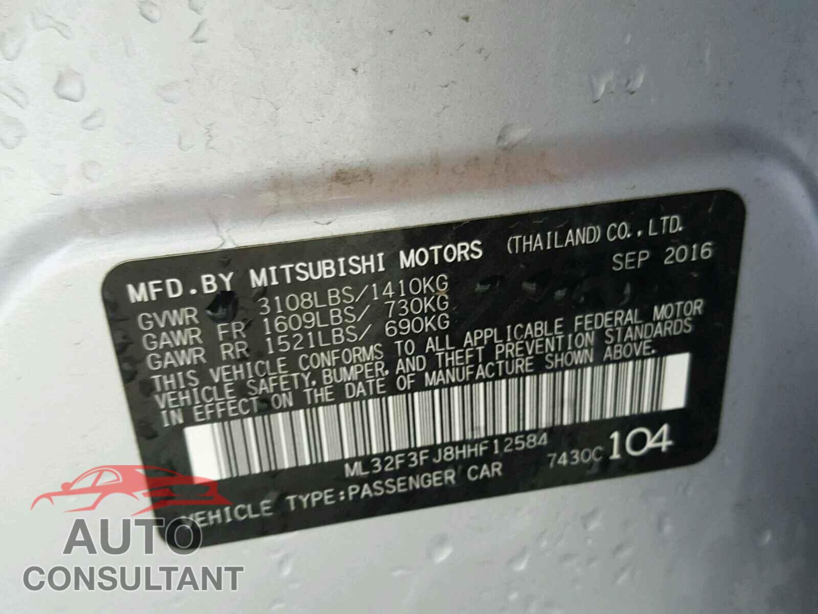 MITSUBISHI MIRAGE 2017 - ML32F3FJ8HHF12584