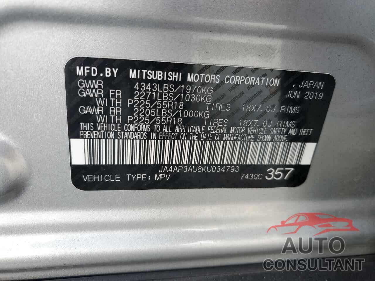 MITSUBISHI OUTLANDER 2019 - JA4AP3AU8KU034793