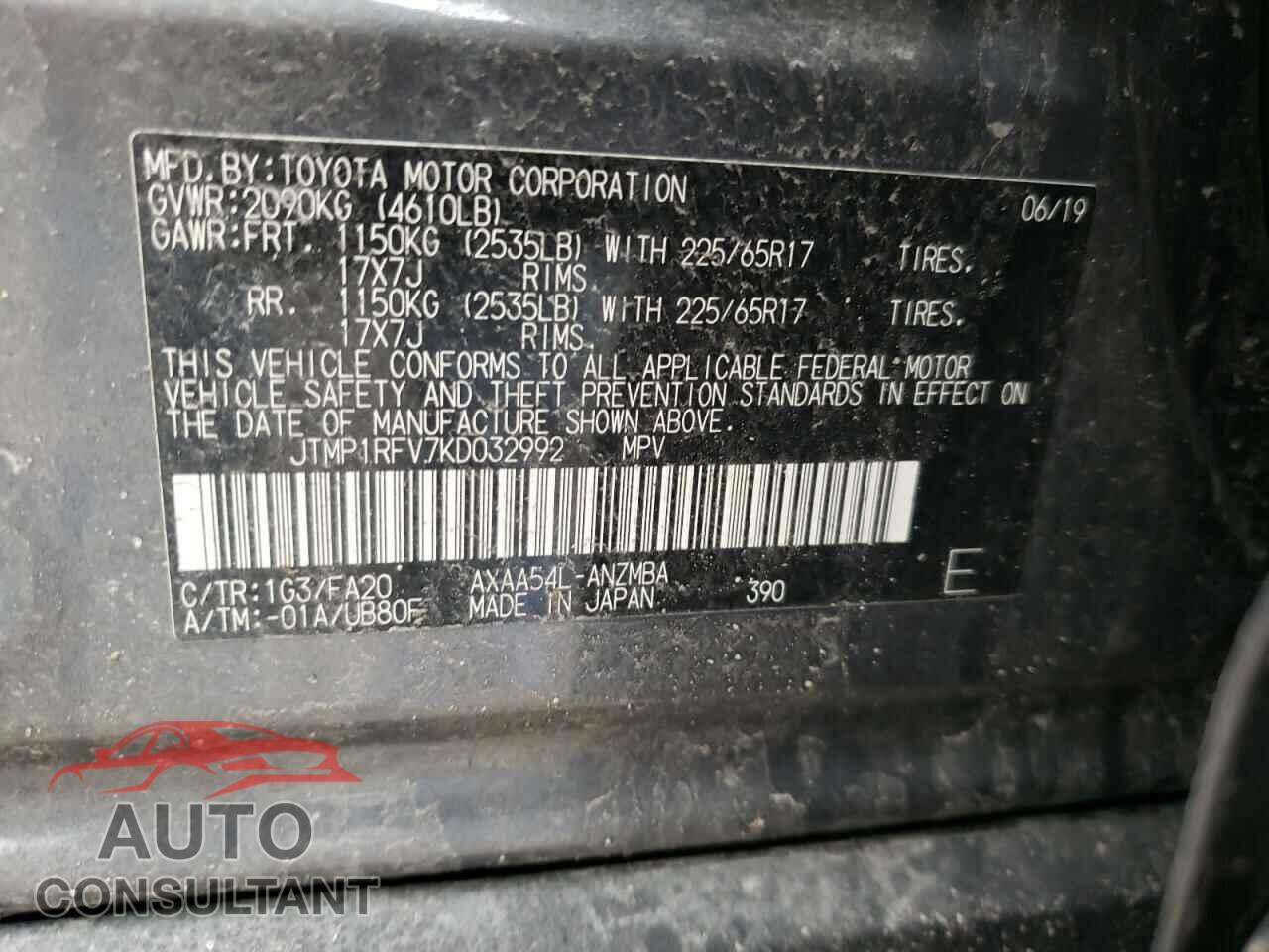 TOYOTA RAV4 2019 - JTMP1RFV7KD032992