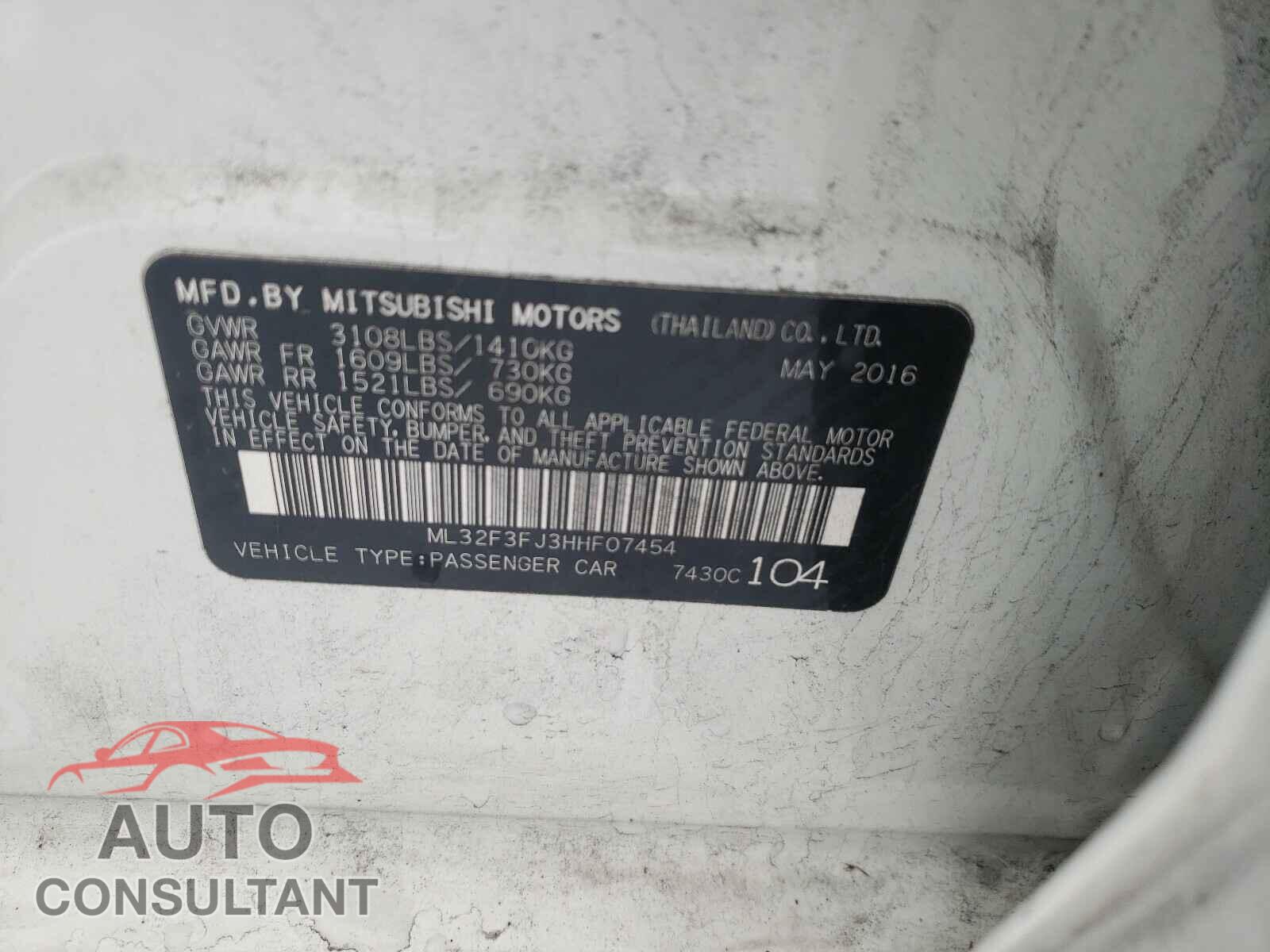 MITSUBISHI MIRAGE 2017 - ML32F3FJ3HHF07454