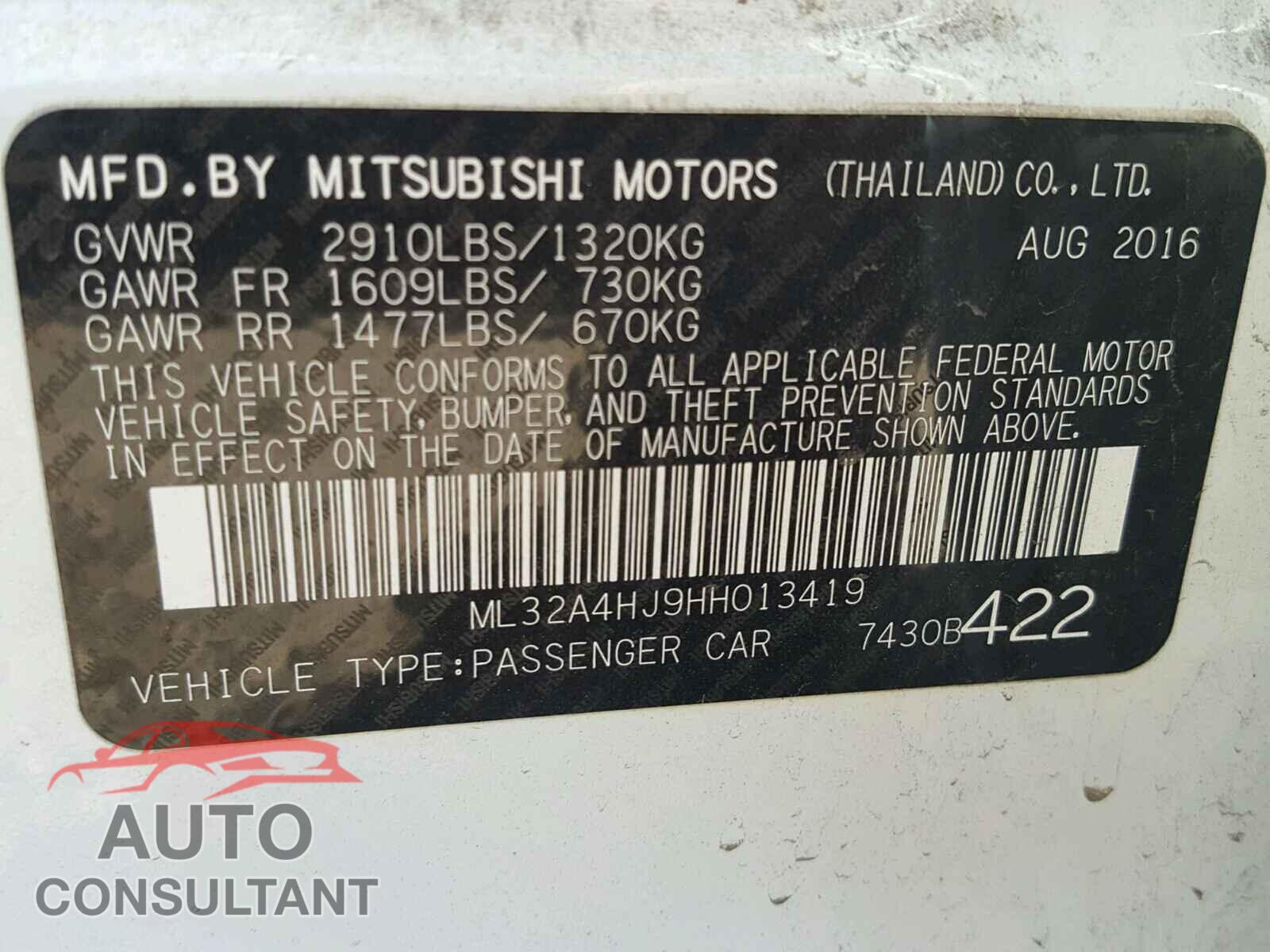 MITSUBISHI MIRAGE 2017 - ML32A4HJ9HH013419