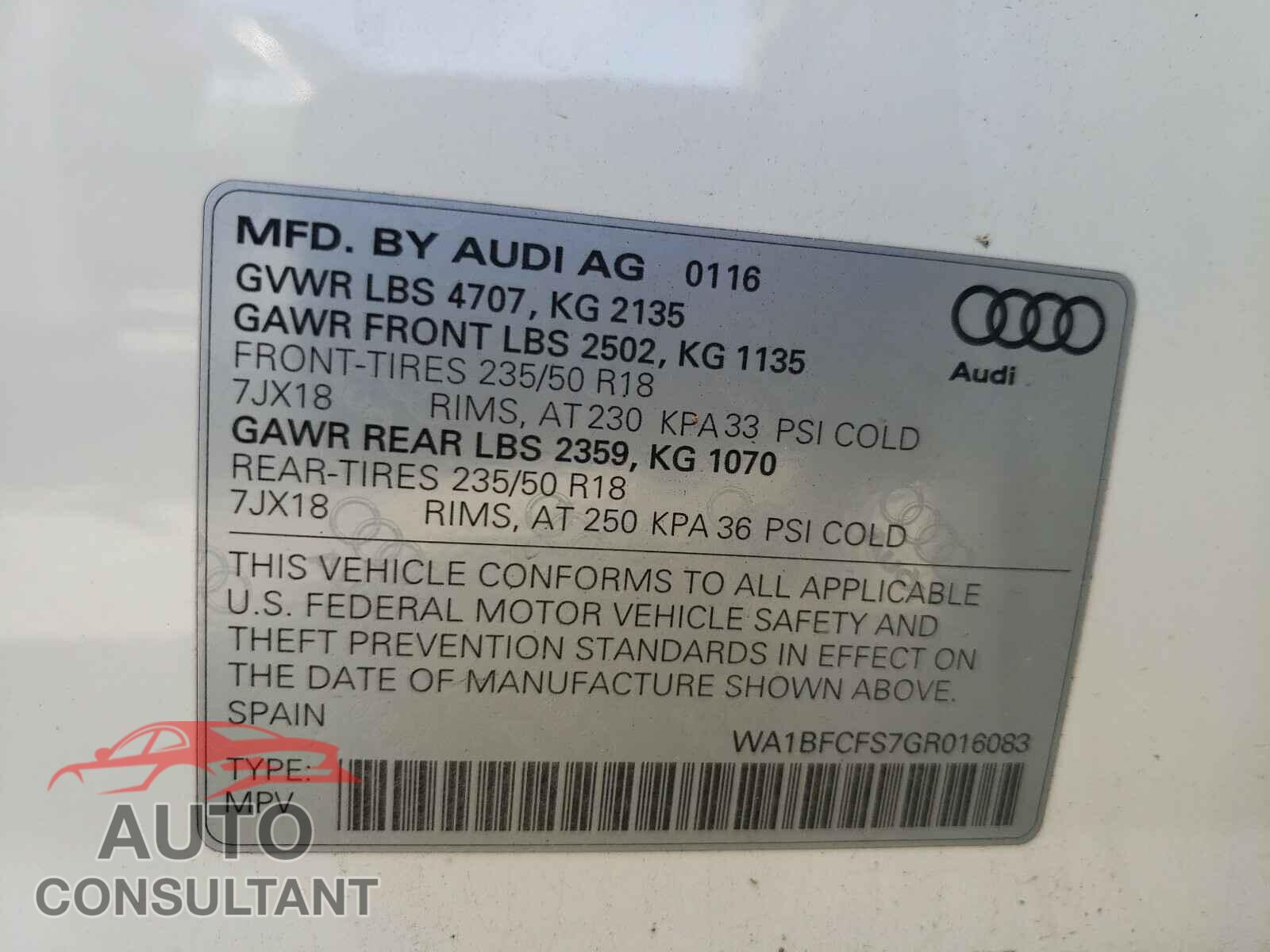 AUDI Q3 2016 - WA1BFCFS7GR016083