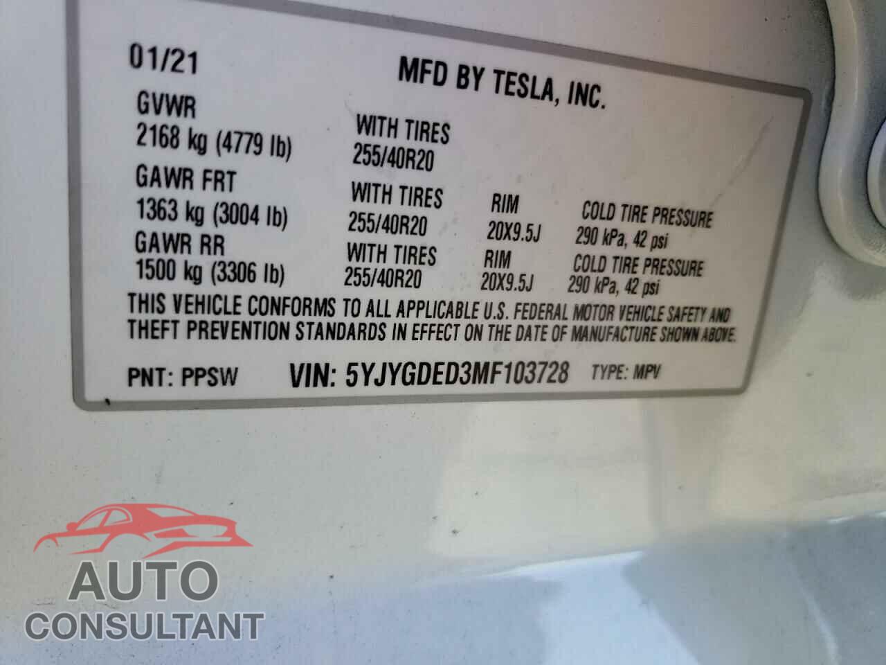 TESLA MODEL Y 2021 - 5YJYGDED3MF103728