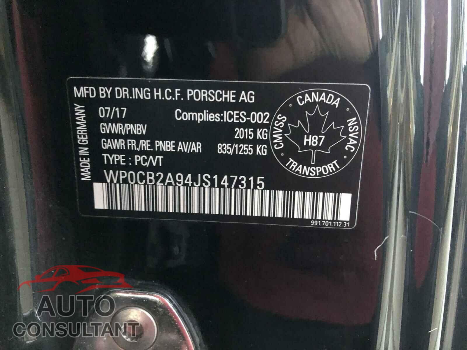 PORSCHE 911 2018 - WP0CB2A94JS147315