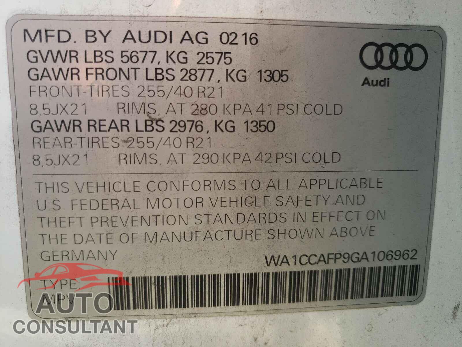 AUDI SQ5 2016 - WA1CCAFP9GA106962
