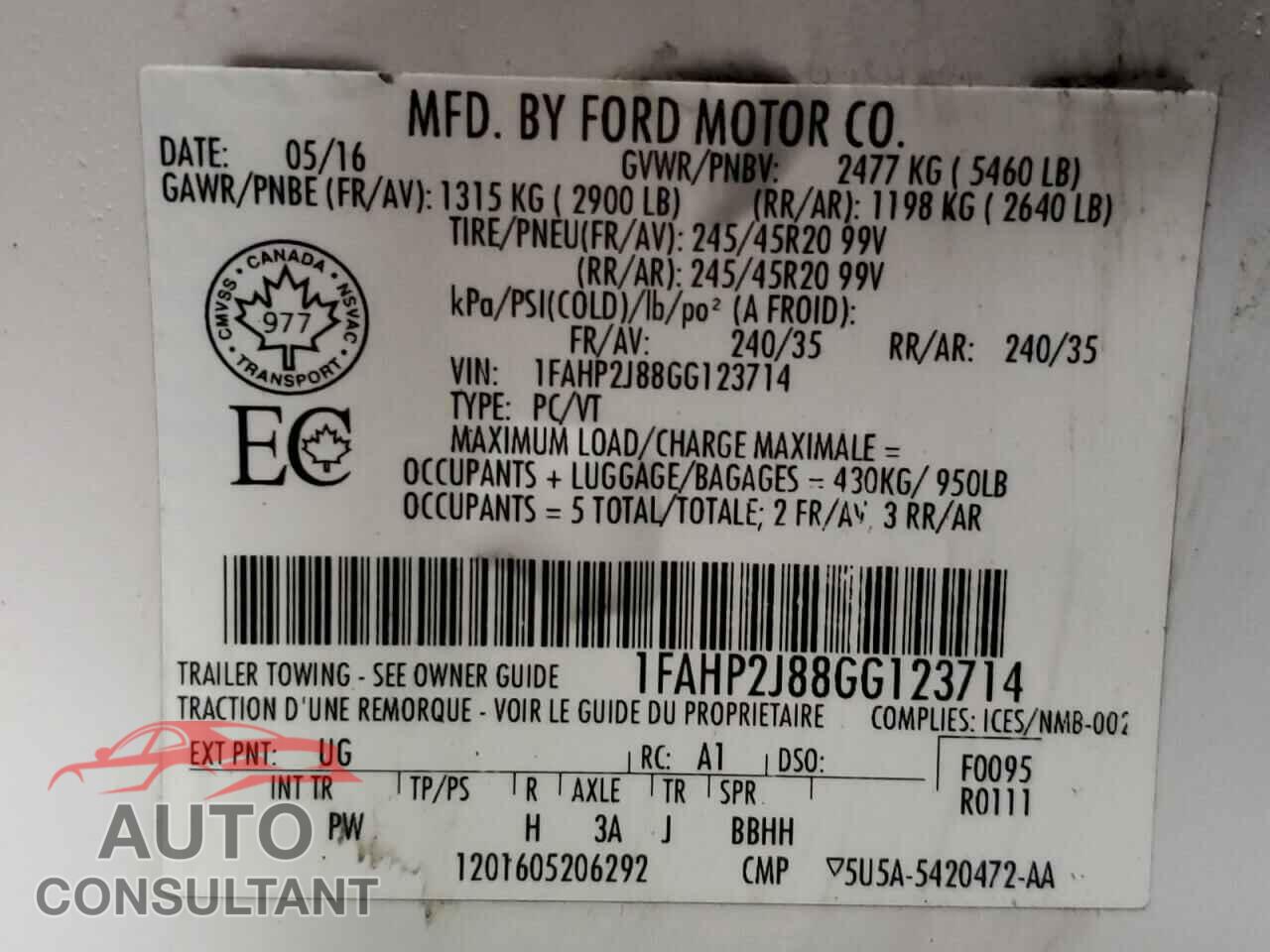 FORD TAURUS 2016 - 1FAHP2J88GG123714