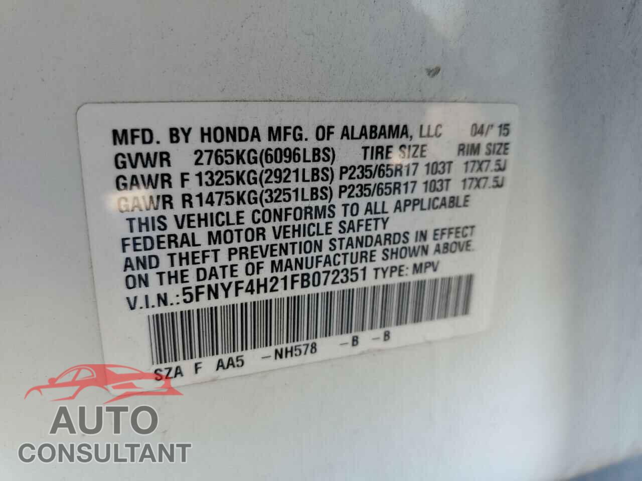 HONDA PILOT 2015 - 5FNYF4H21FB072351
