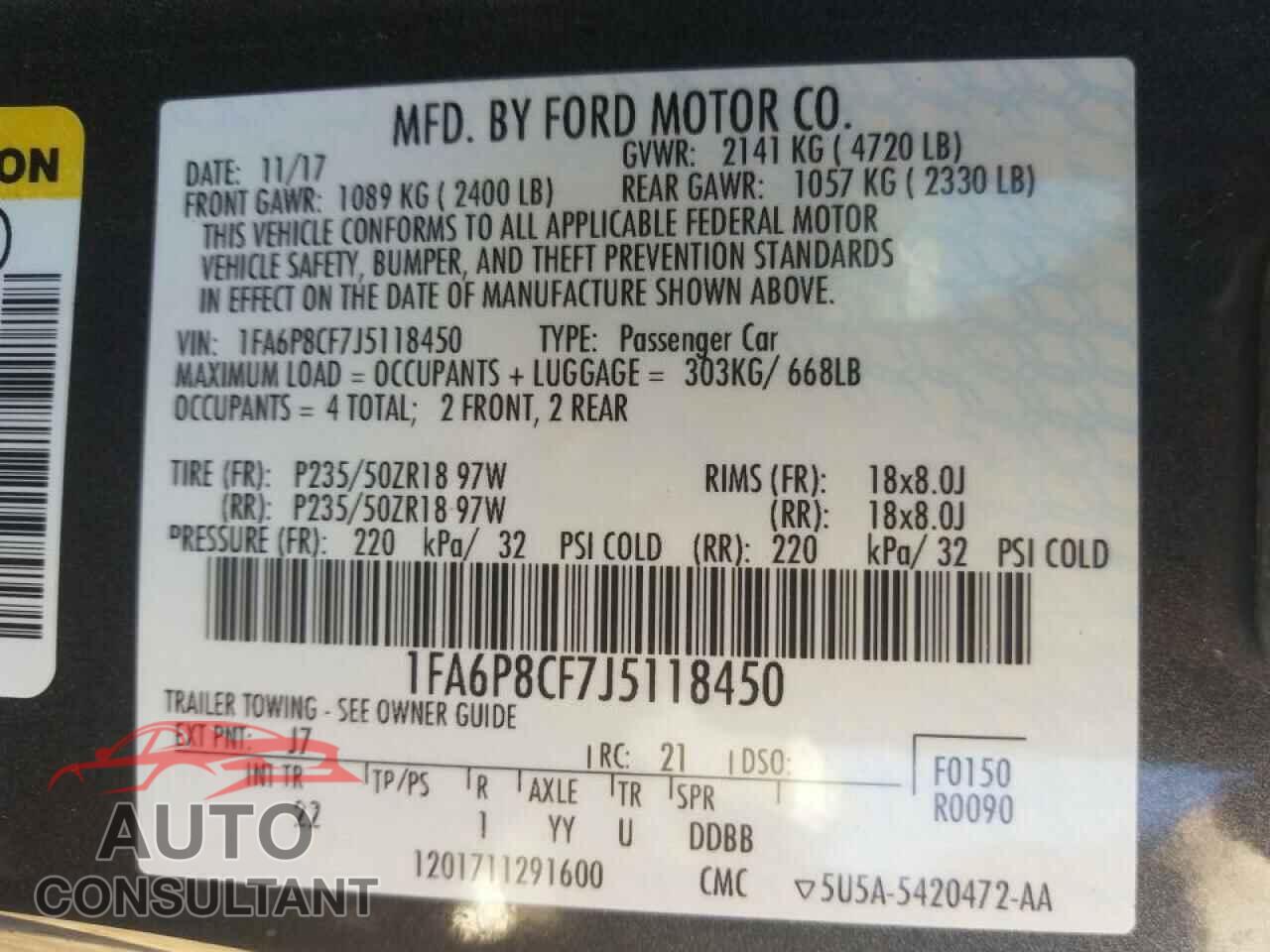 FORD MUSTANG 2018 - 1FA6P8CF7J5118450