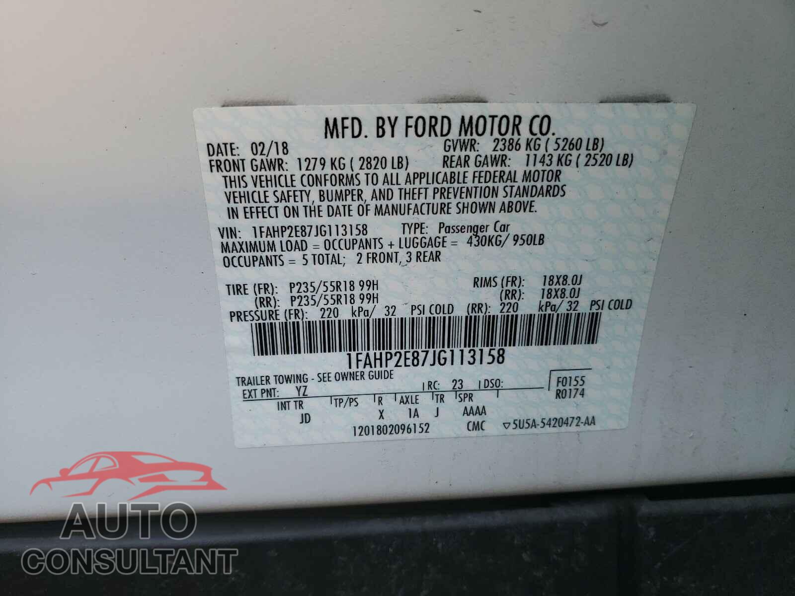 FORD TAURUS 2018 - 1FAHP2E87JG113158