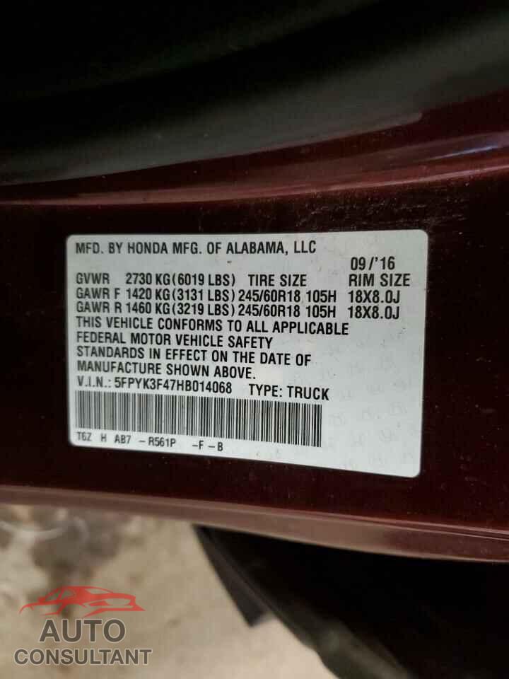 HONDA RIDGELINE 2017 - 5FPYK3F47HB014068