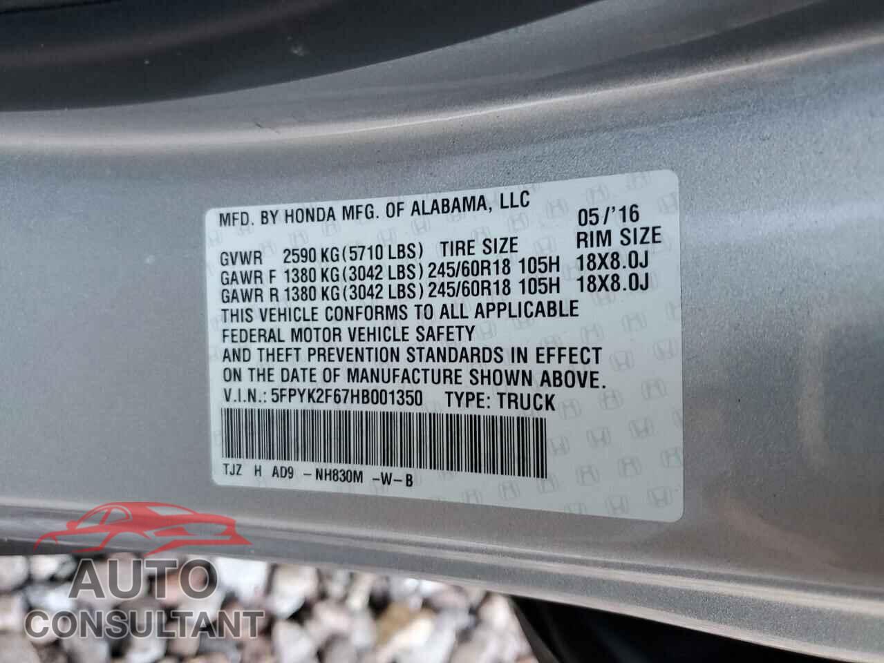 HONDA RIDGELINE 2017 - 5FPYK2F67HB001350