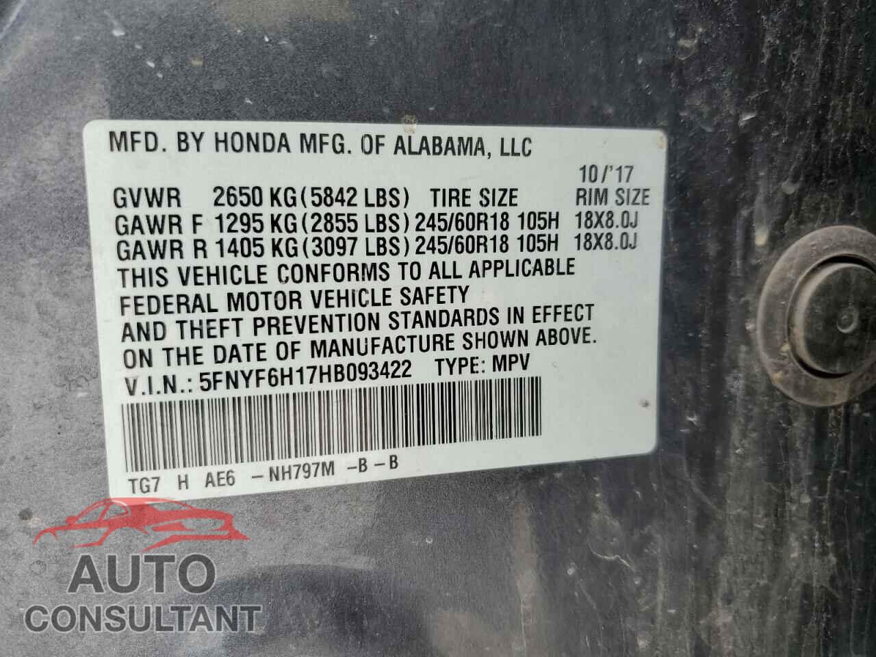 HONDA PILOT 2017 - 5FNYF6H17HB093422