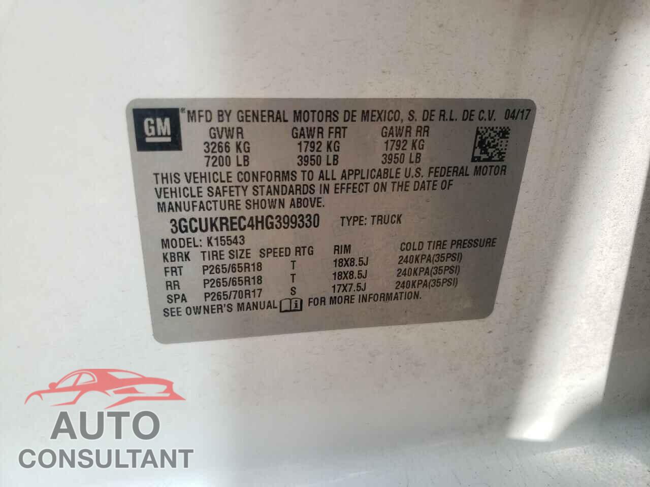 CHEVROLET SILVERADO 2017 - 3GCUKREC4HG399330