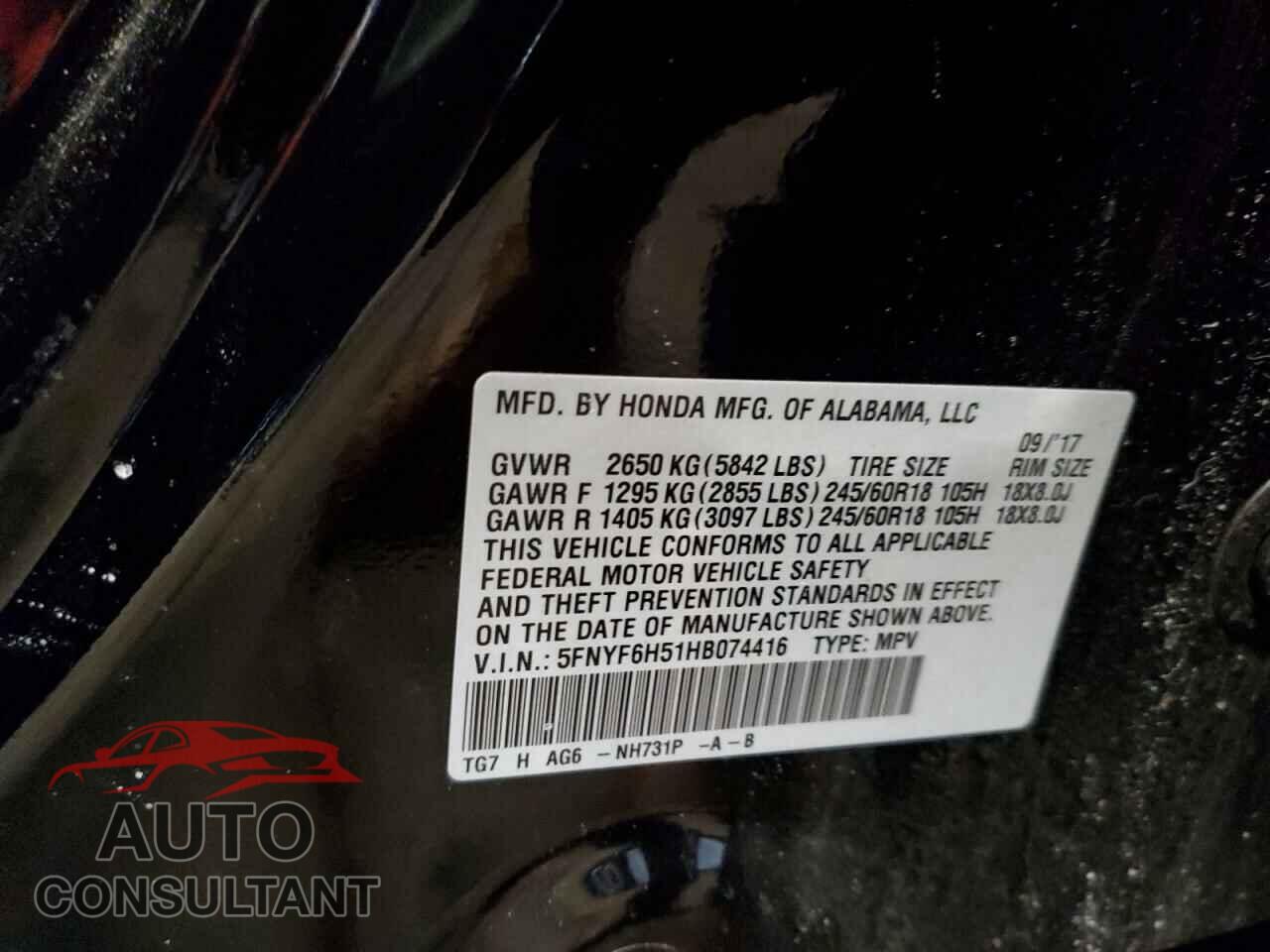 HONDA PILOT 2017 - 5FNYF6H51HB074416