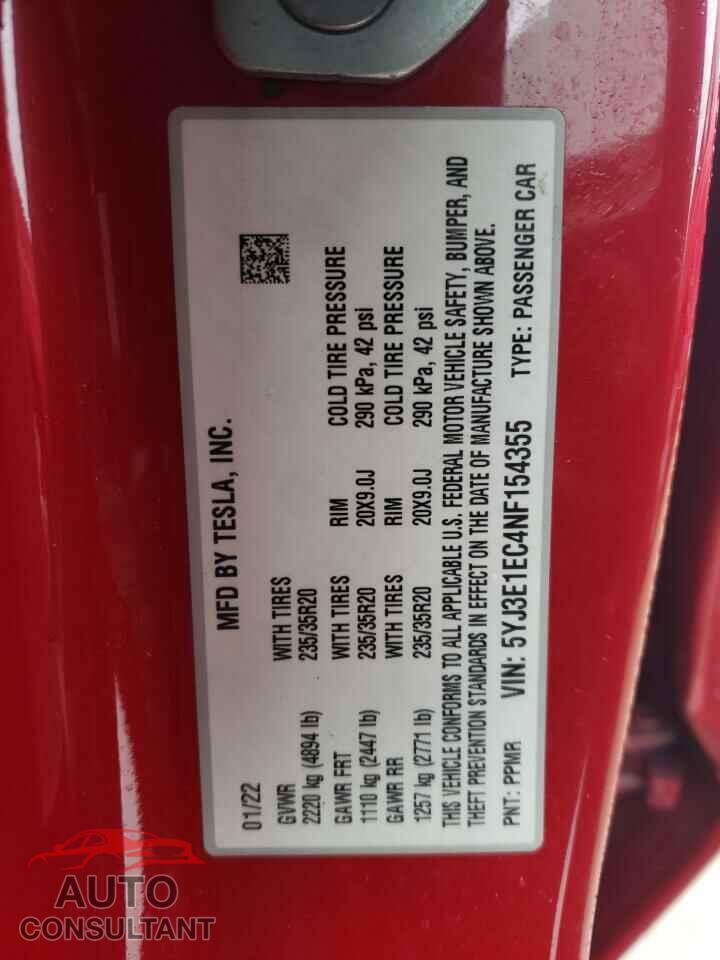 TESLA MODEL 3 2022 - 5YJ3E1EC4NF154355