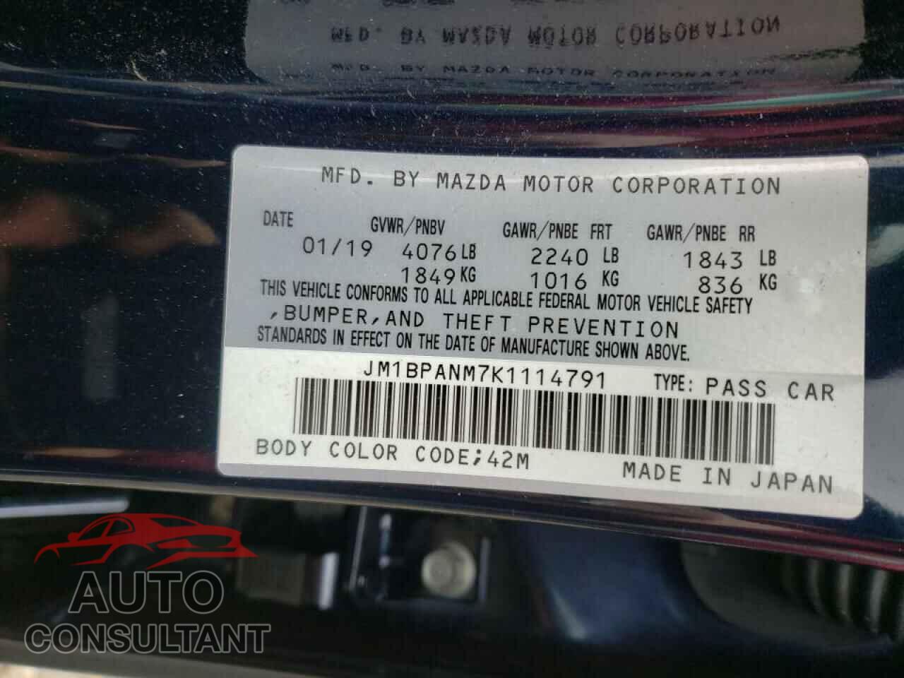 MAZDA 3 2019 - JM1BPANM7K1114791