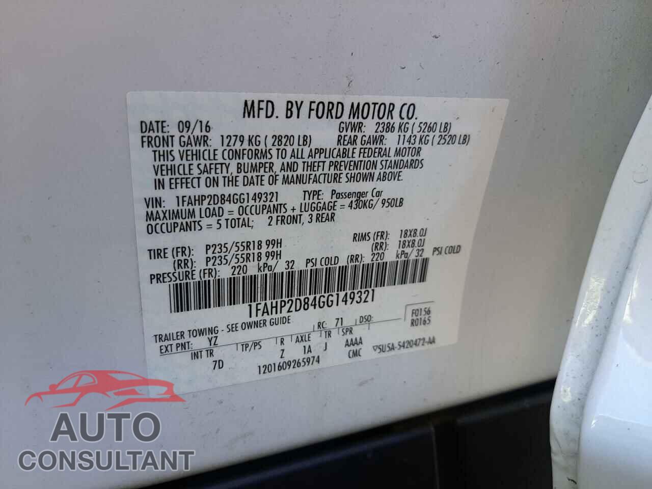 FORD TAURUS 2016 - 1FAHP2D84GG149321
