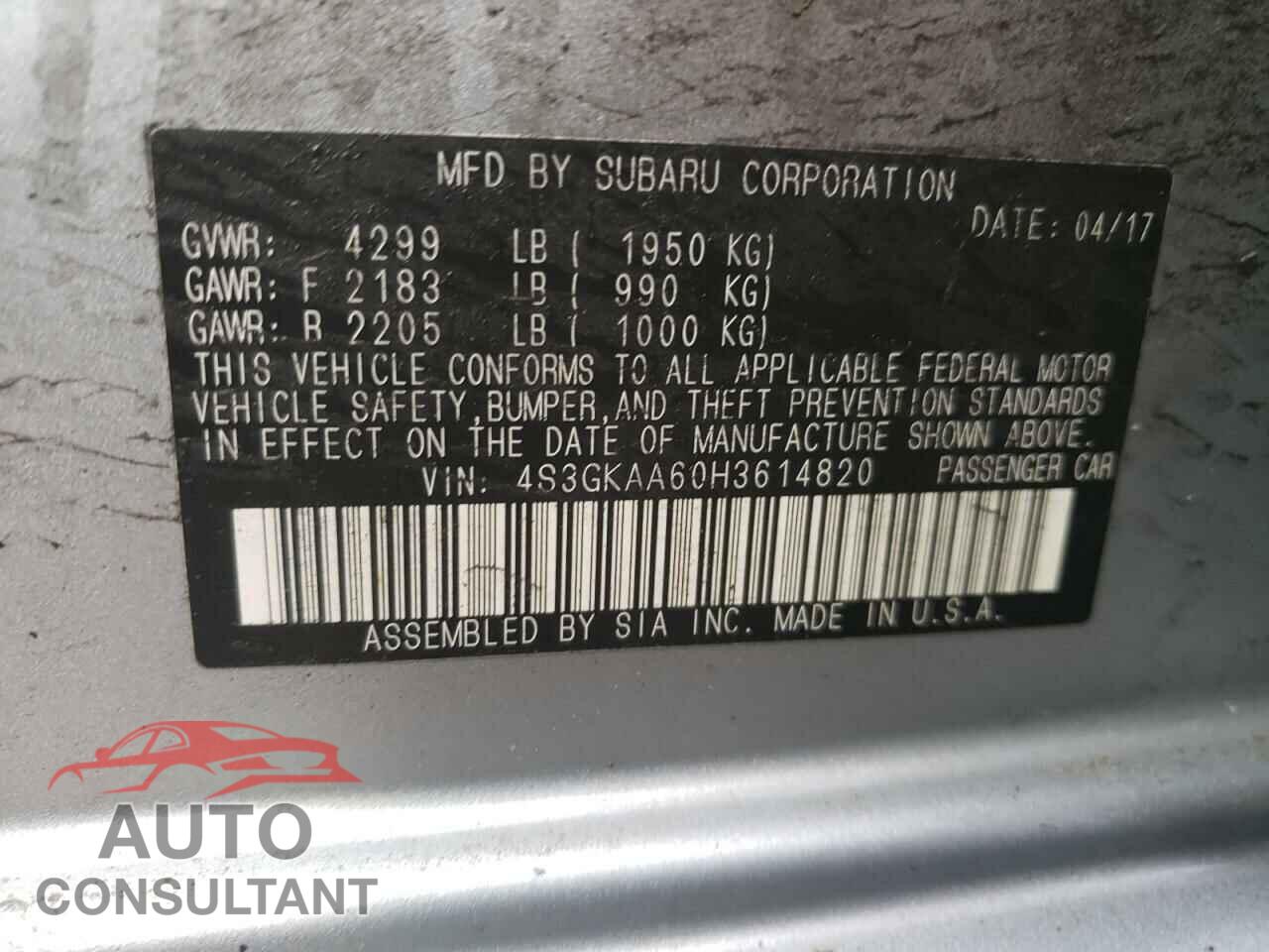 SUBARU IMPREZA 2017 - 4S3GKAA60H3614820