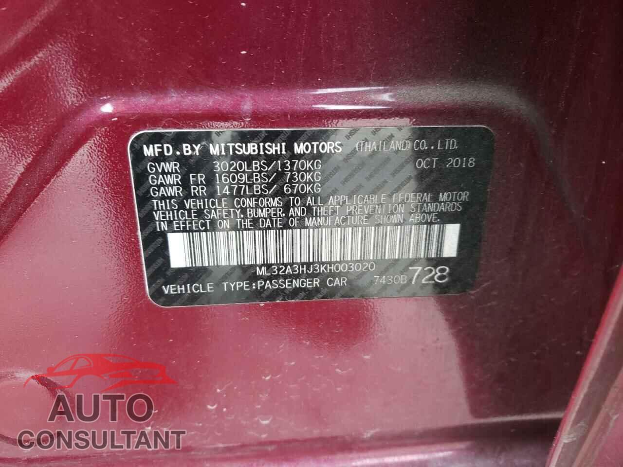 MITSUBISHI MIRAGE 2019 - ML32A3HJ3KH003020